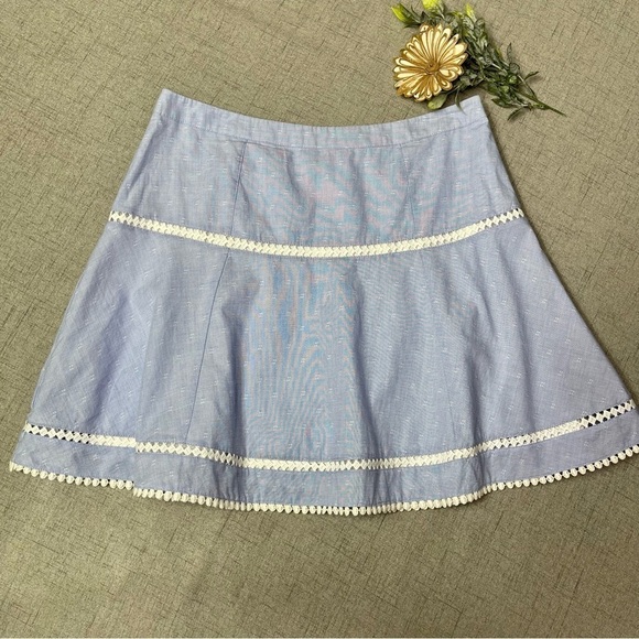 White House Black Market Chambray Blue Soft Skirt Embroidered Trim 6 - Picture 4 of 9